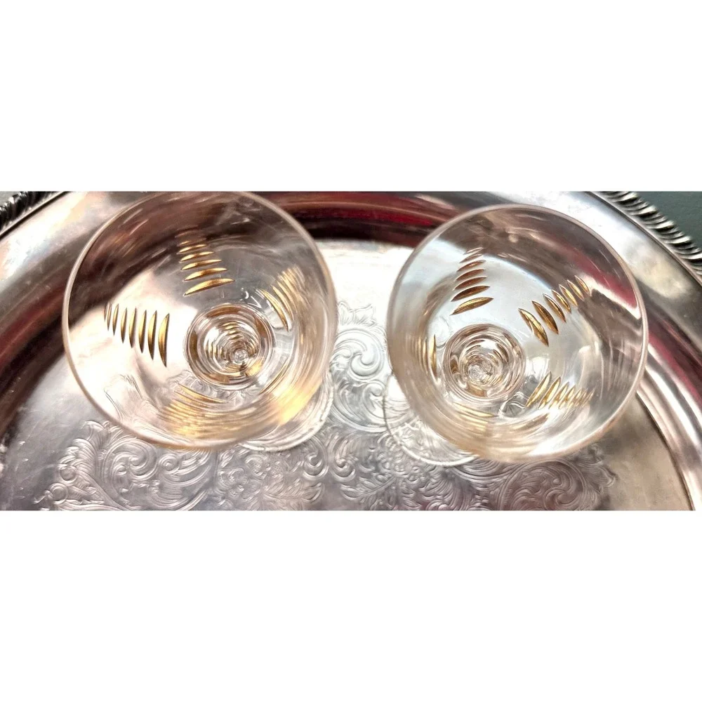 Vintage Cordial Glasses Set 4 Gold Leaf Etched Stemware Aperitif Liqueur Barware